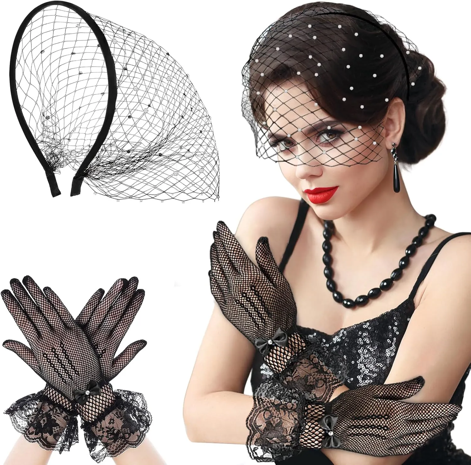 Black Mesh Veil Fascinator Headband 1920s 50s Headpiece & Lace Gloves, Bridal Veil with Rhinestones for Wedding Tea Party Cocktail Party Carnival Birthdays for Girls Women