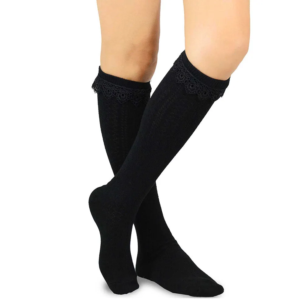 Black Ruffle Lace Top Cotton Knee High Socks