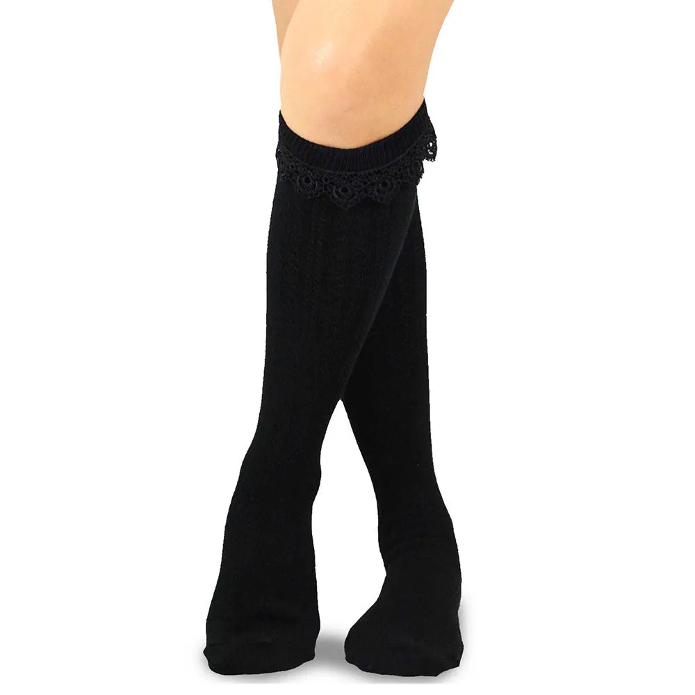 Black Ruffle Lace Top Cotton Knee High Socks