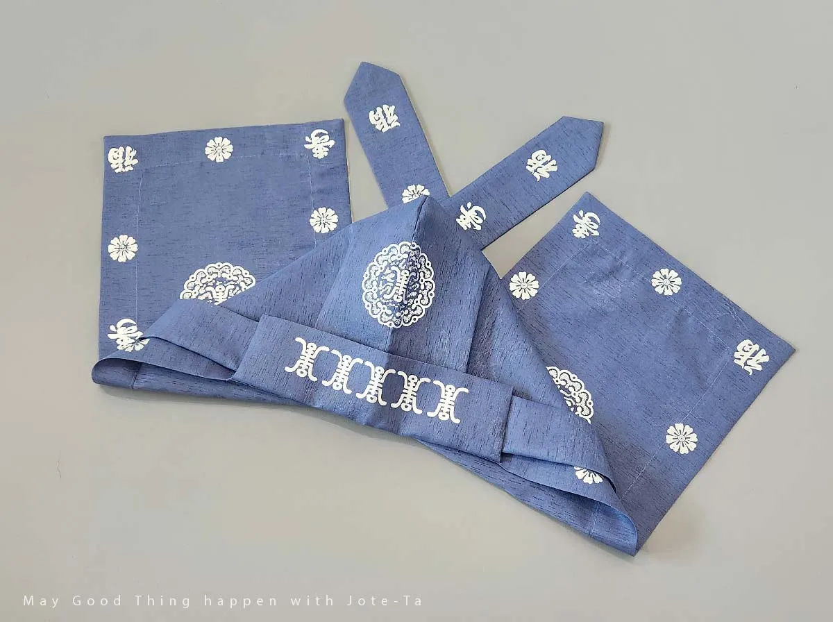 Blue Traditional Baby Boy Hanbok Hat With Flower Pattern (Doryungmo)