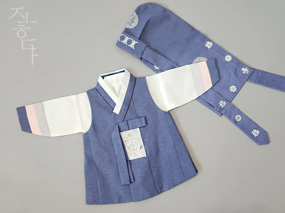 Blue Traditional Baby Boy Hanbok Hat With Flower Pattern (Doryungmo)