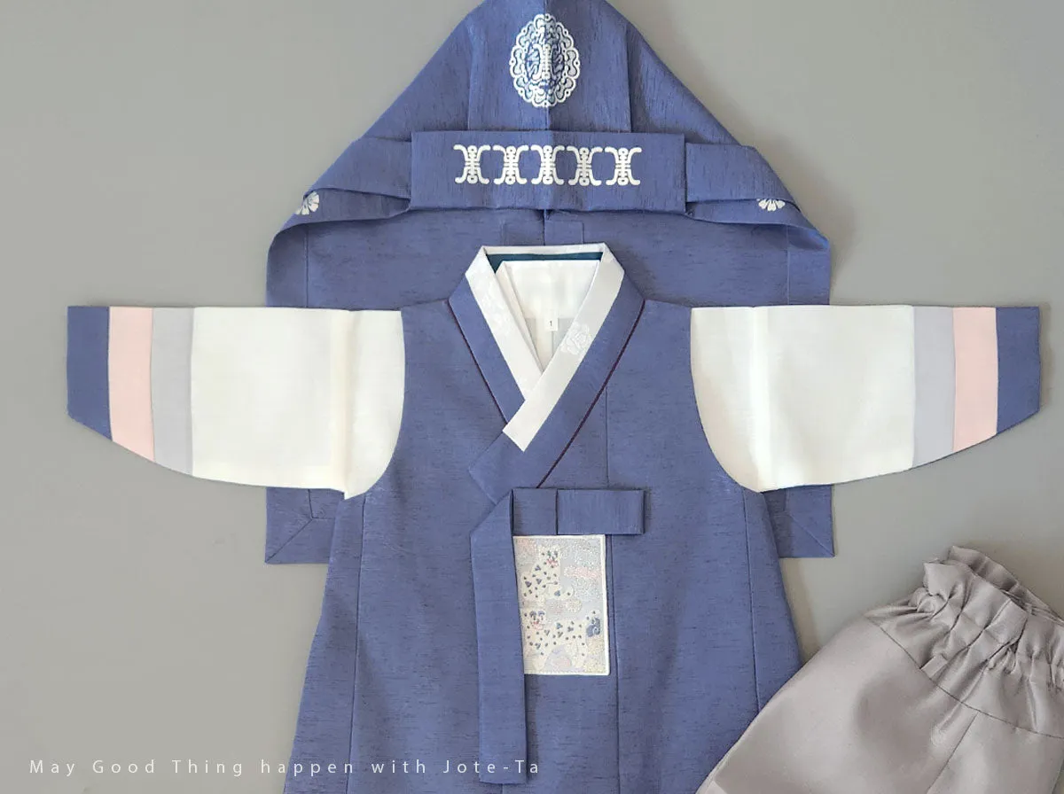 Blue Traditional Baby Boy Hanbok Hat With Flower Pattern (Doryungmo)