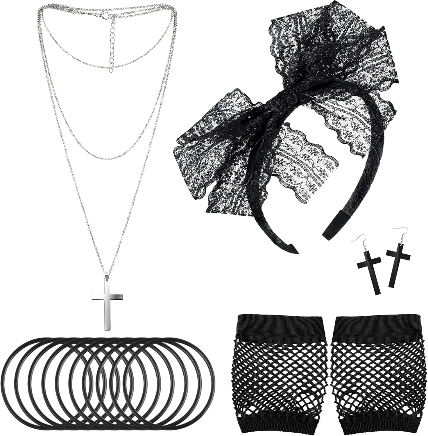 Blulu 80s Accessories for Women Dress Costume Lace Headband Earrings Fishnet Gloves Necklace Bracelet