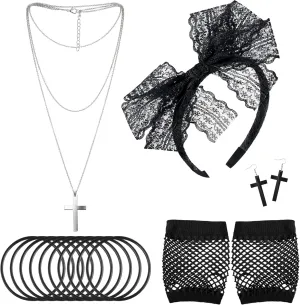 Blulu 80s Accessories for Women Dress Costume Lace Headband Earrings Fishnet Gloves Necklace Bracelet