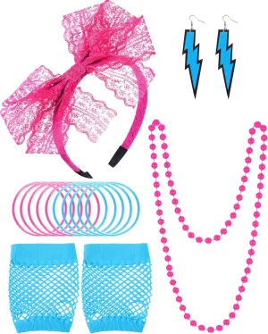 Blulu 80s Accessories Women Lace Headband Earrings Fishnet Gloves Necklace Bracelet for 80s Retro Party Halloween