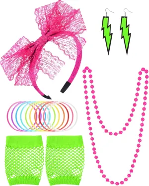 Blulu 80s Accessories Women Lace Headband Earrings Fishnet Gloves Necklace Bracelet for 80s Retro Party Halloween