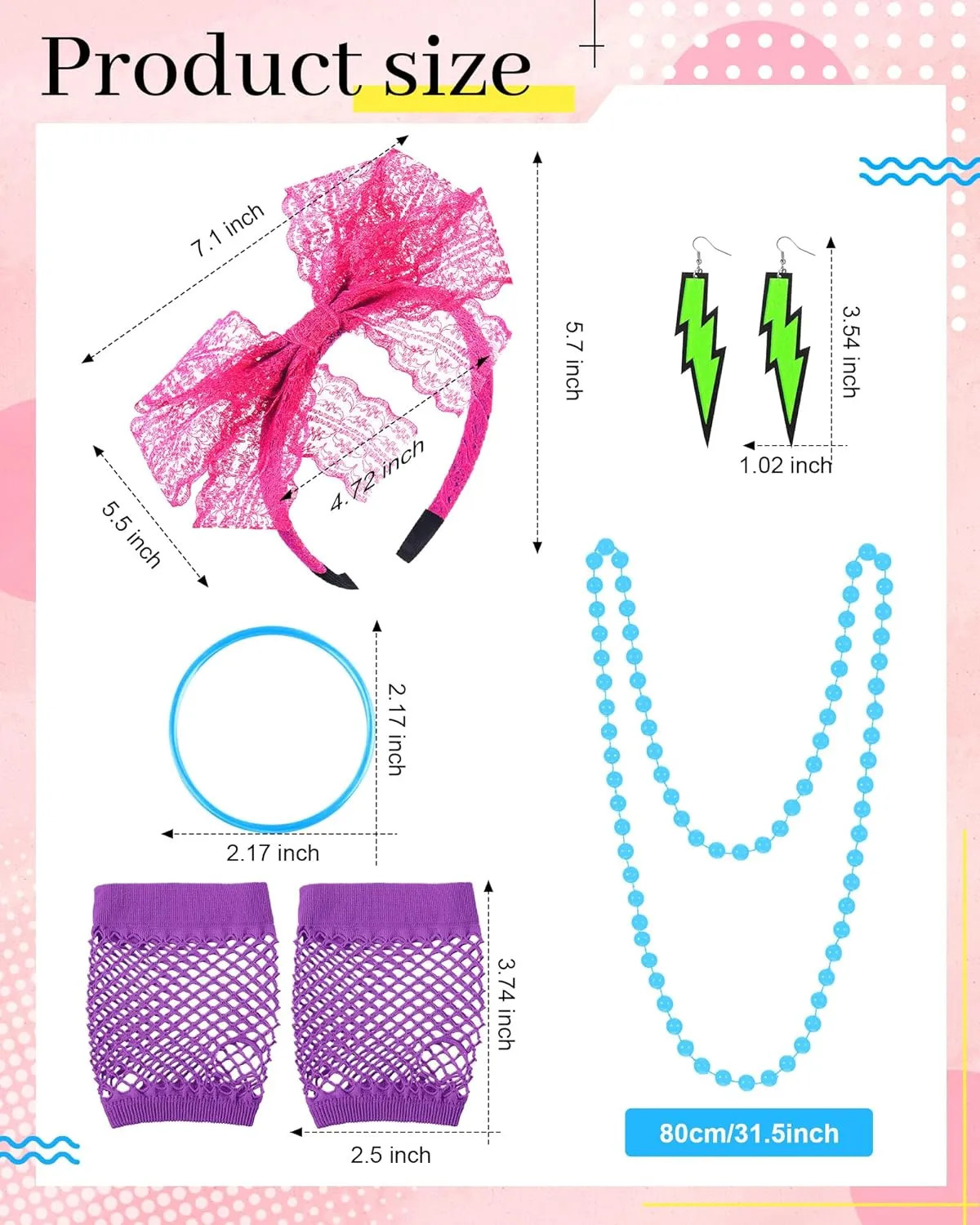 Blulu 80s Accessories Women Lace Headband Earrings Fishnet Gloves Necklace Bracelet for 80s Retro Party Halloween