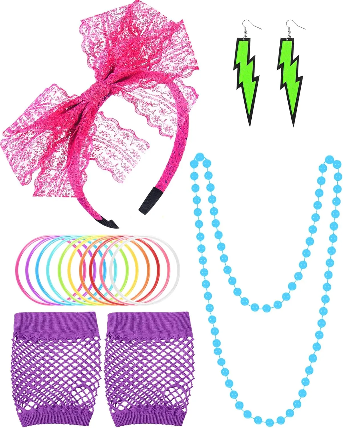 Blulu 80s Accessories Women Lace Headband Earrings Fishnet Gloves Necklace Bracelet for 80s Retro Party Halloween