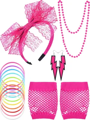 Blulu 80s Accessories Women Lace Headband Earrings Fishnet Gloves Necklace Bracelet for 80s Retro Party Halloween