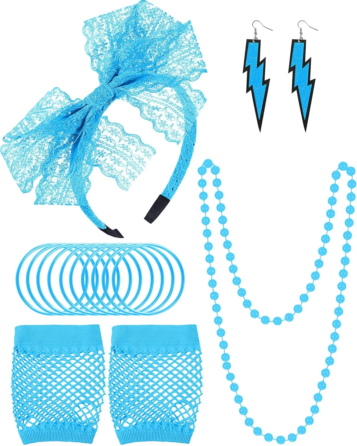 Blulu 80s Accessories Women Lace Headband Earrings Fishnet Gloves Necklace Bracelet for 80s Retro Party Halloween