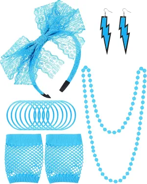 Blulu 80s Accessories Women Lace Headband Earrings Fishnet Gloves Necklace Bracelet for 80s Retro Party Halloween