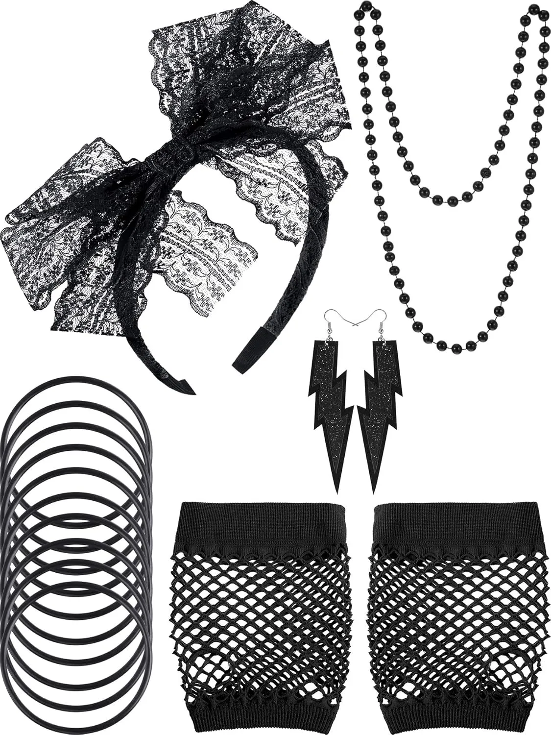 Blulu 80s Accessories Women Lace Headband Earrings Fishnet Gloves Necklace Bracelet for 80s Retro Party Halloween