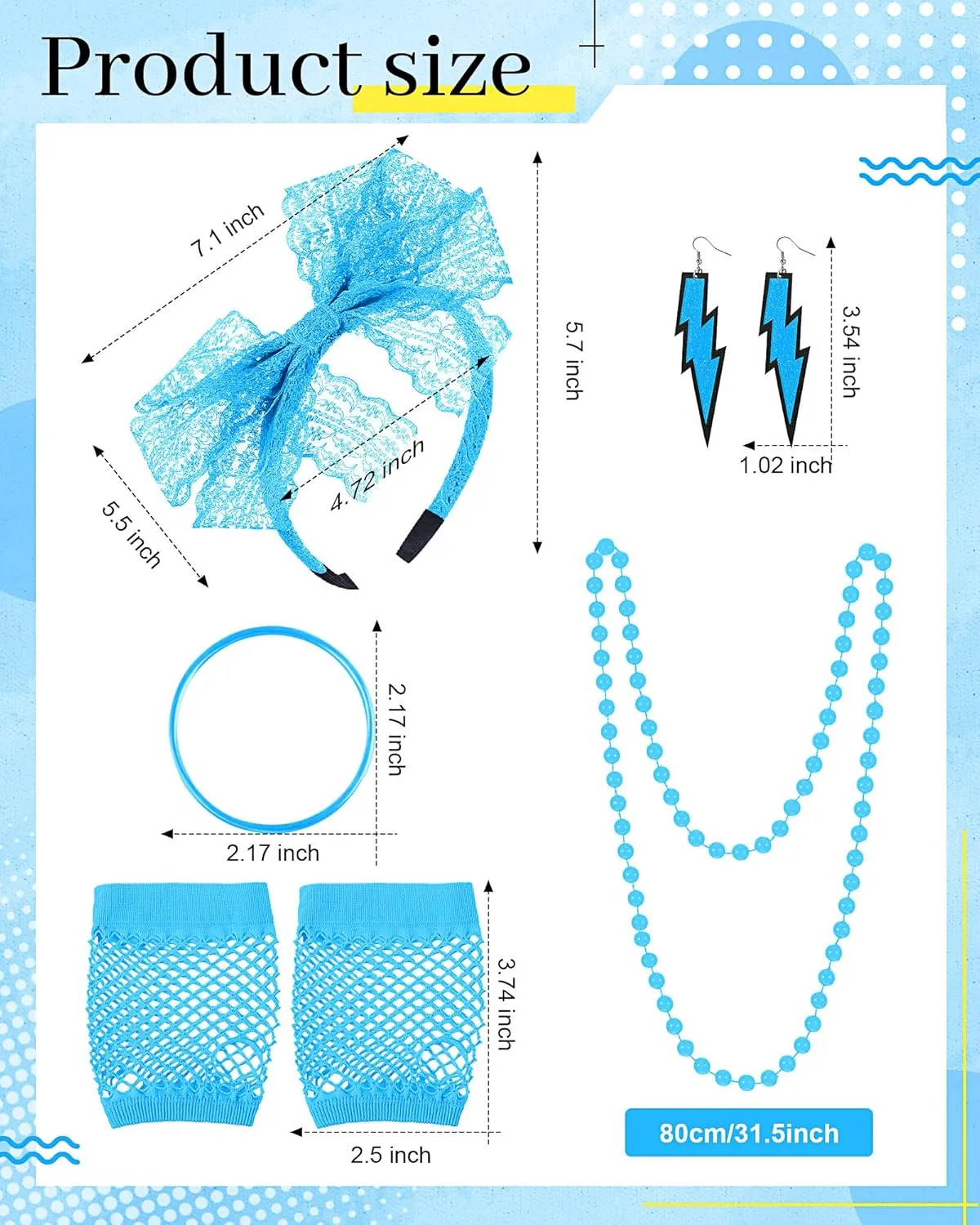 Blulu 80s Accessories Women Lace Headband Earrings Fishnet Gloves Necklace Bracelet for 80s Retro Party Halloween