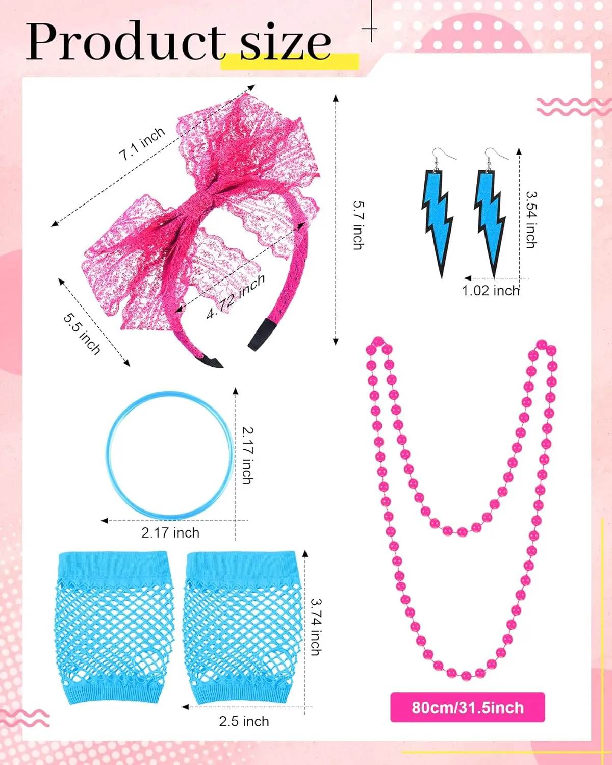 Blulu 80s Accessories Women Lace Headband Earrings Fishnet Gloves Necklace Bracelet for 80s Retro Party Halloween