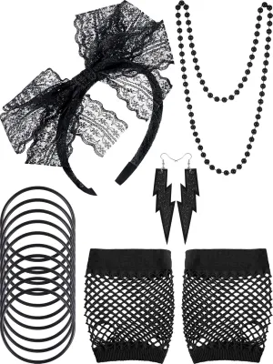 Blulu 80s Accessories Women Lace Headband Earrings Fishnet Gloves Necklace Bracelet for 80s Retro Party Halloween