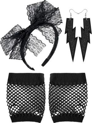 Blulu 80s Costume Accessories for Women Lace Headband Neon Earrings Fishnet Gloves for 80s Retro Party Halloween