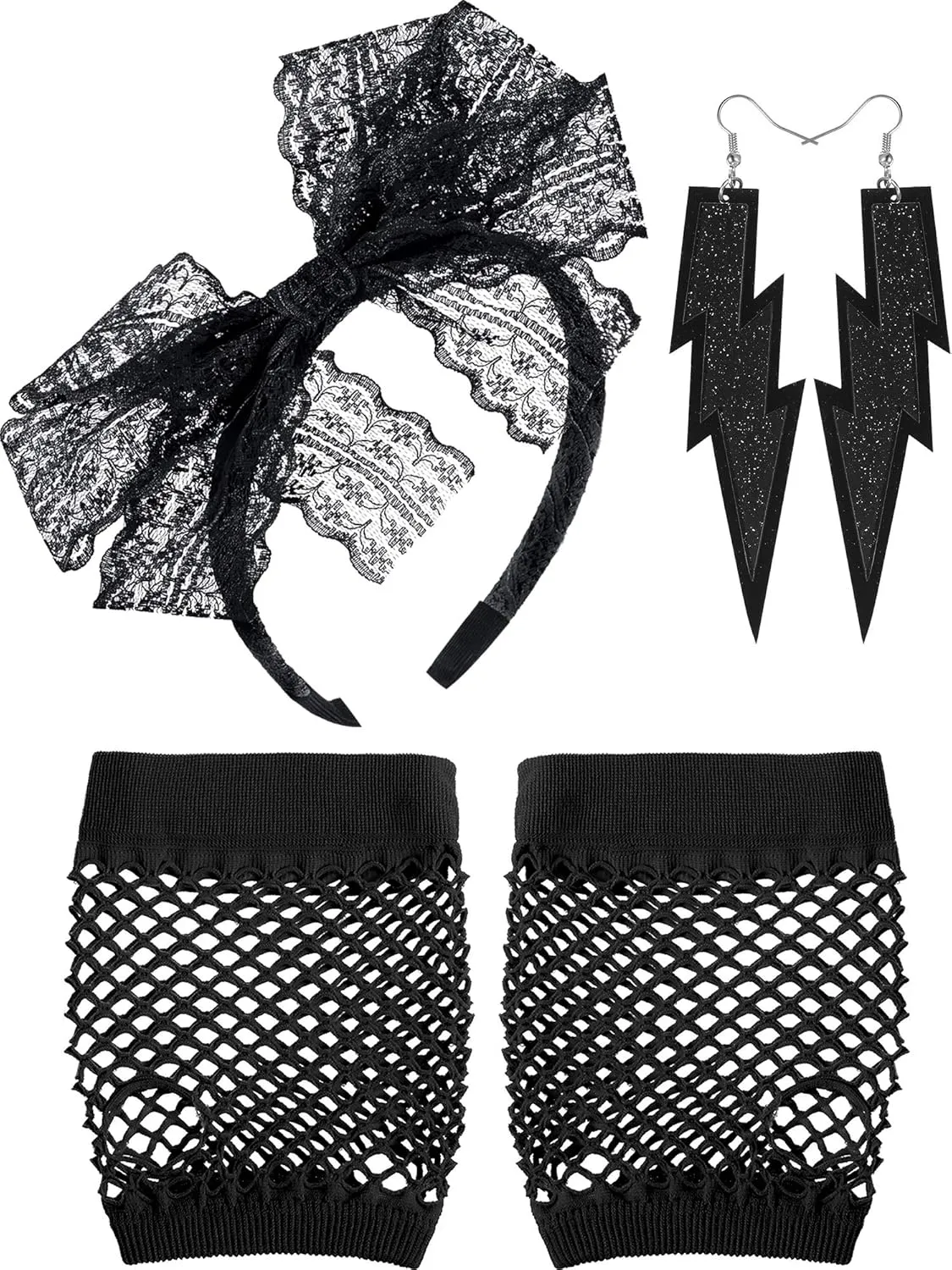 Blulu 80s Costume Accessories for Women Lace Headband Neon Earrings Fishnet Gloves for 80s Retro Party Halloween