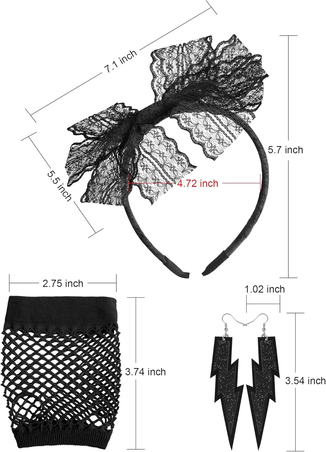 Blulu 80s Costume Accessories for Women Lace Headband Neon Earrings Fishnet Gloves for 80s Retro Party Halloween