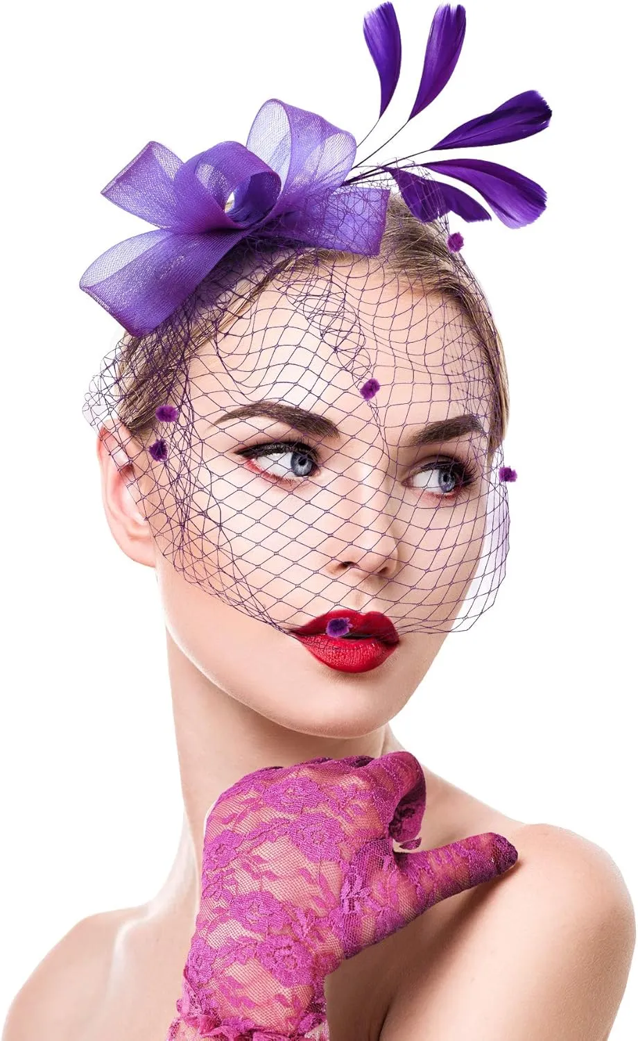 Boao Fascinator Hat for Women Feather Funeral Veil Hat Tea Party Derby Headband and Short Floral Lace Gloves