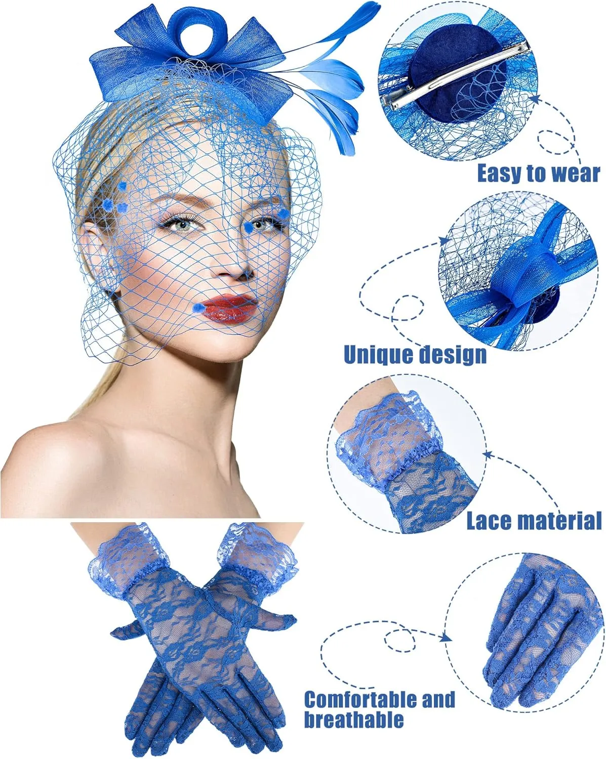 Boao Fascinator Hat for Women Feather Funeral Veil Hat Tea Party Derby Headband and Short Floral Lace Gloves