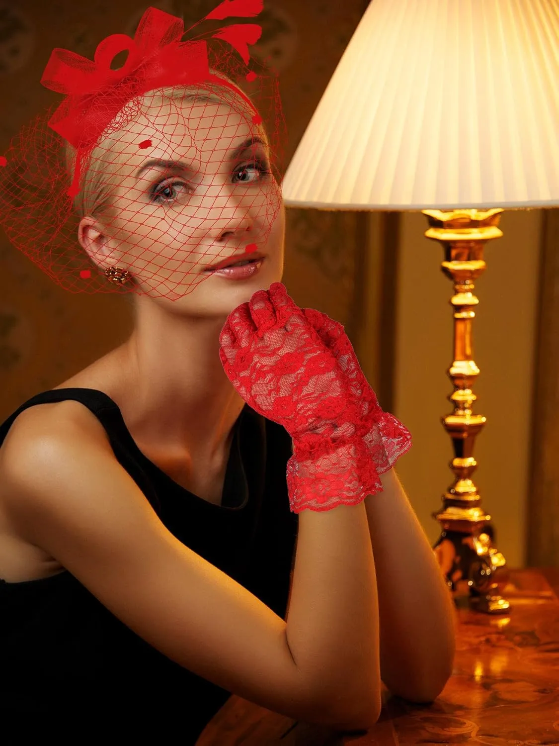Boao Fascinator Hat for Women Feather Funeral Veil Hat Tea Party Derby Headband and Short Floral Lace Gloves