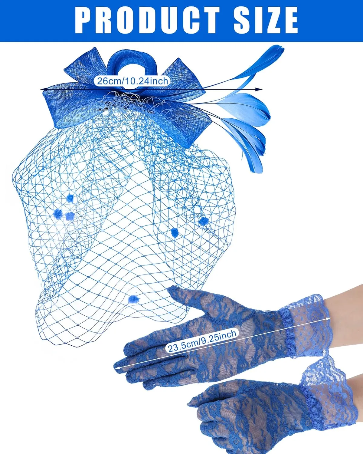Boao Fascinator Hat for Women Feather Funeral Veil Hat Tea Party Derby Headband and Short Floral Lace Gloves