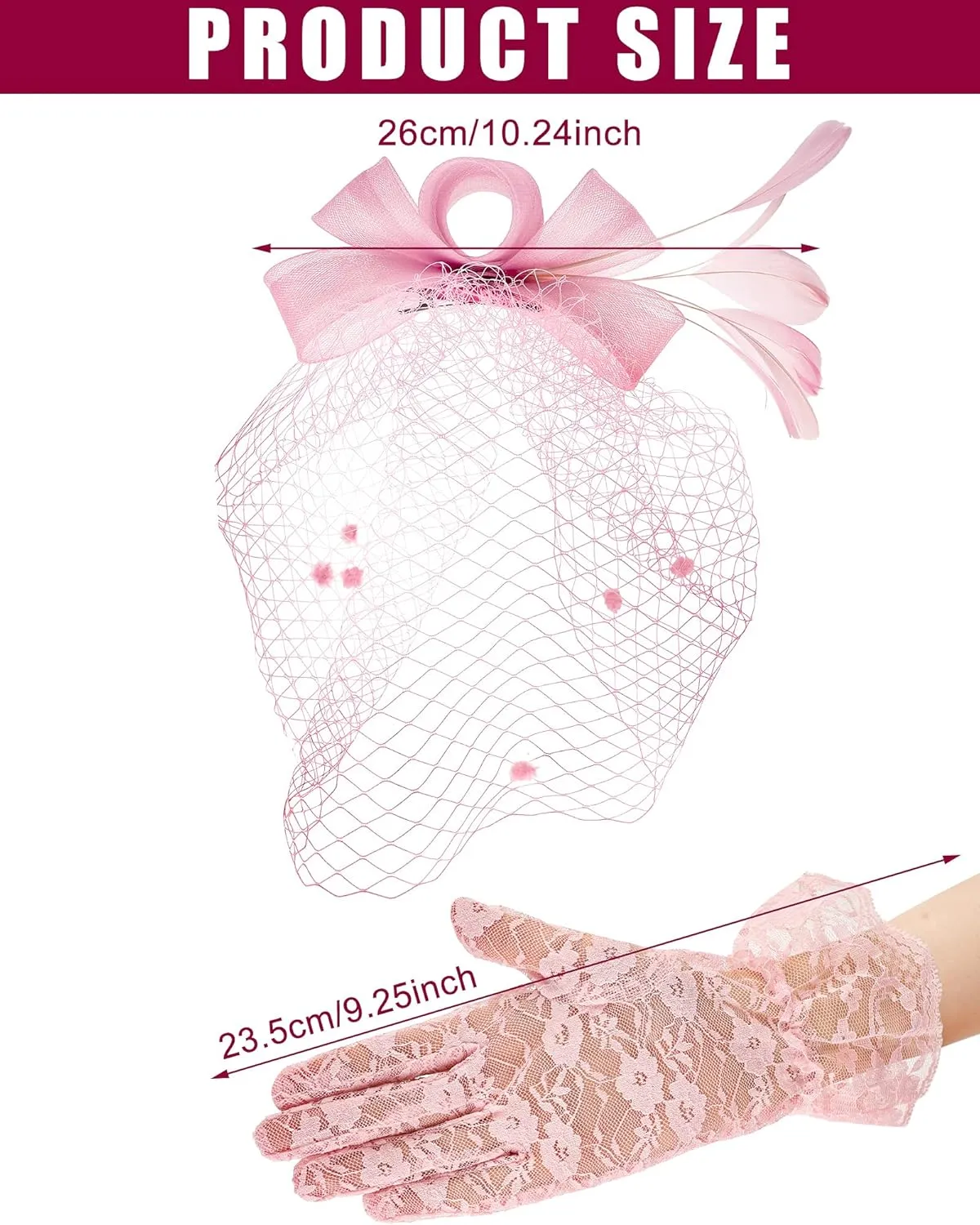 Boao Fascinator Hat for Women Feather Funeral Veil Hat Tea Party Derby Headband and Short Floral Lace Gloves
