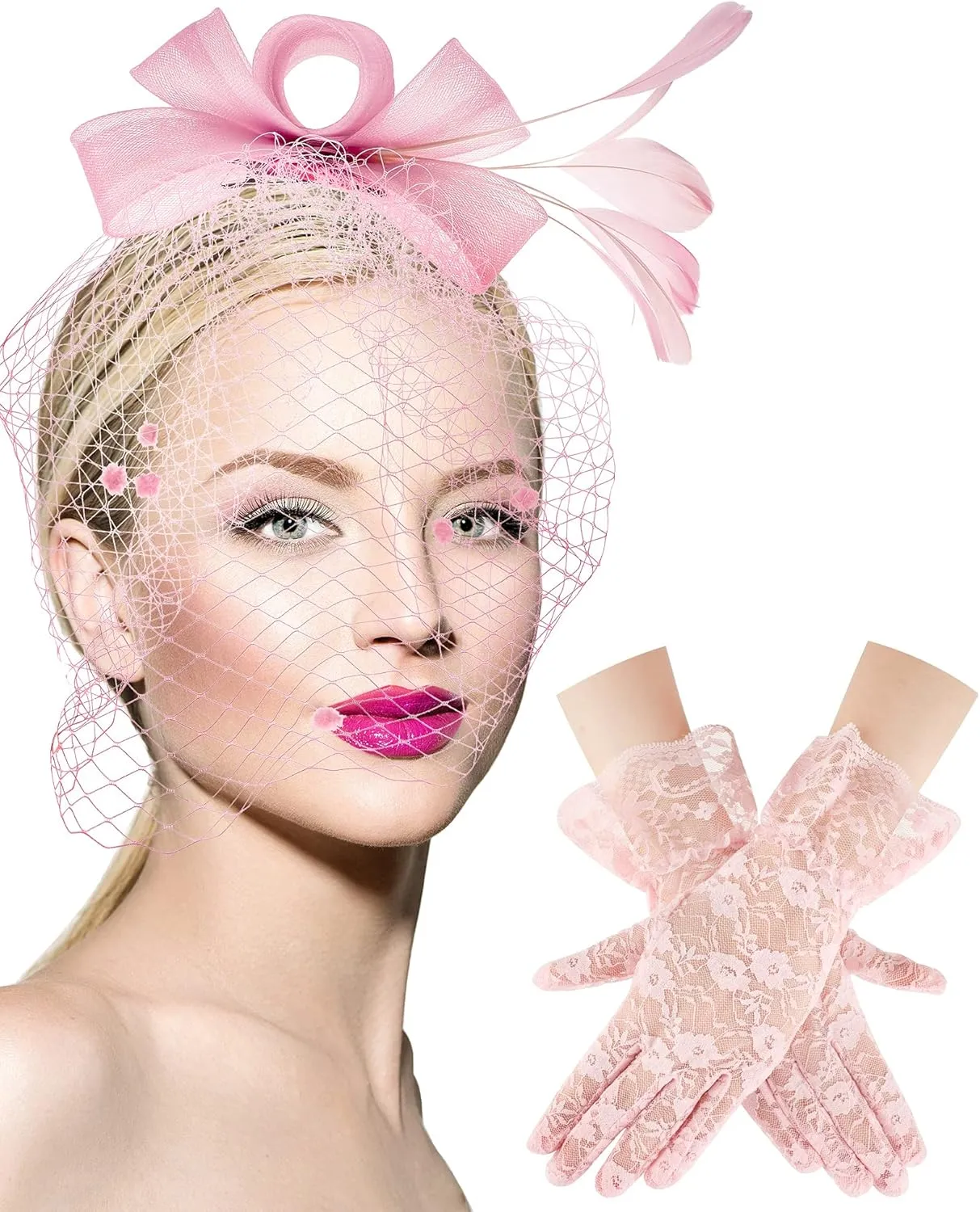 Boao Fascinator Hat for Women Feather Funeral Veil Hat Tea Party Derby Headband and Short Floral Lace Gloves