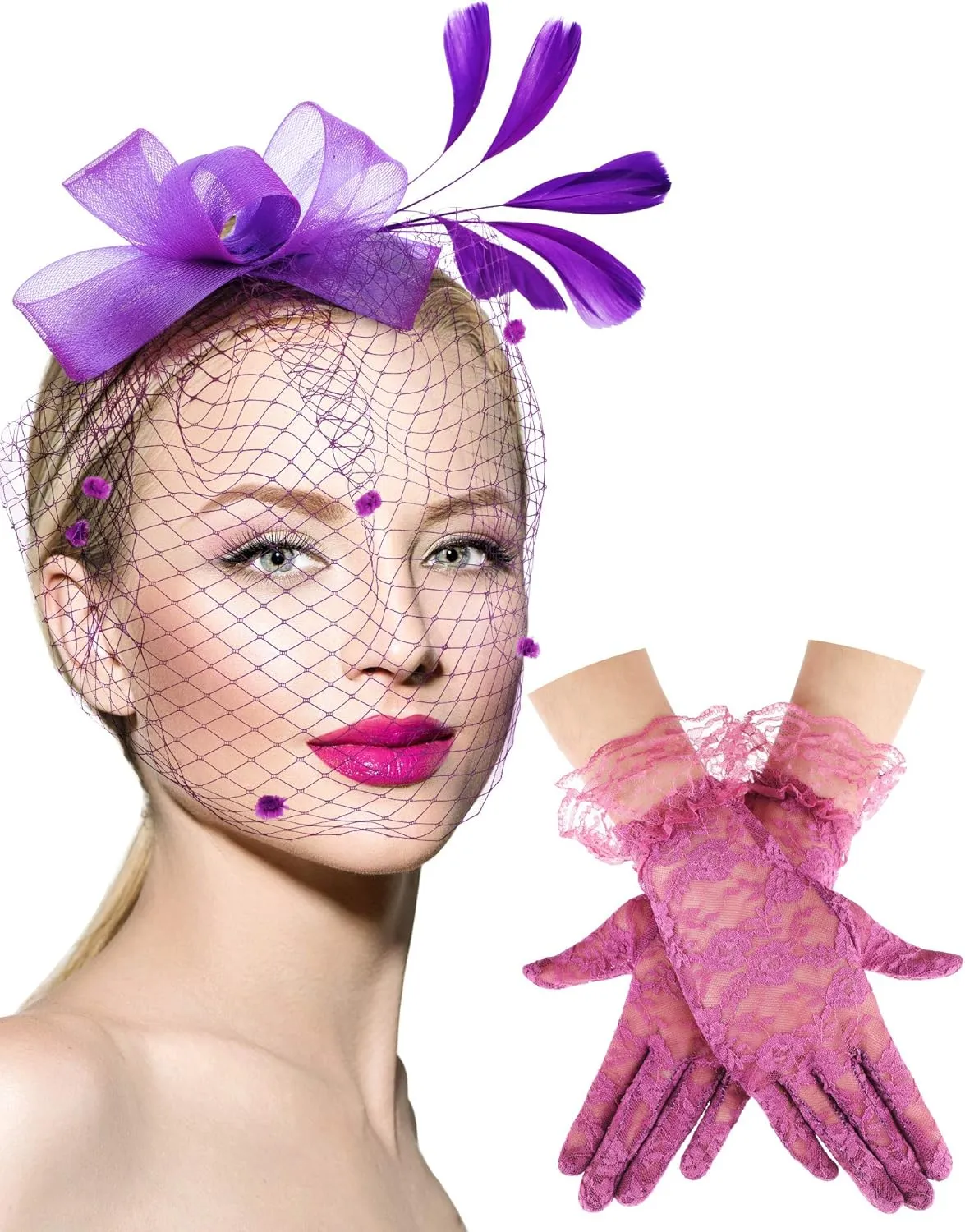 Boao Fascinator Hat for Women Feather Funeral Veil Hat Tea Party Derby Headband and Short Floral Lace Gloves