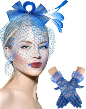 Boao Fascinator Hat for Women Feather Funeral Veil Hat Tea Party Derby Headband and Short Floral Lace Gloves
