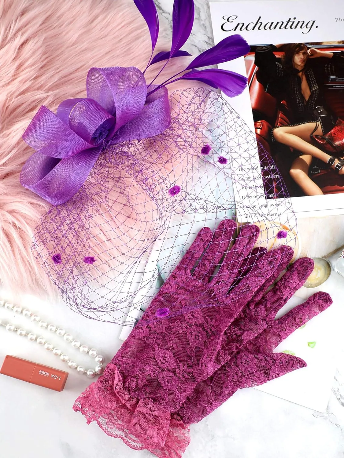 Boao Fascinator Hat for Women Feather Funeral Veil Hat Tea Party Derby Headband and Short Floral Lace Gloves