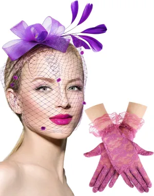 Boao Fascinator Hat for Women Feather Funeral Veil Hat Tea Party Derby Headband and Short Floral Lace Gloves