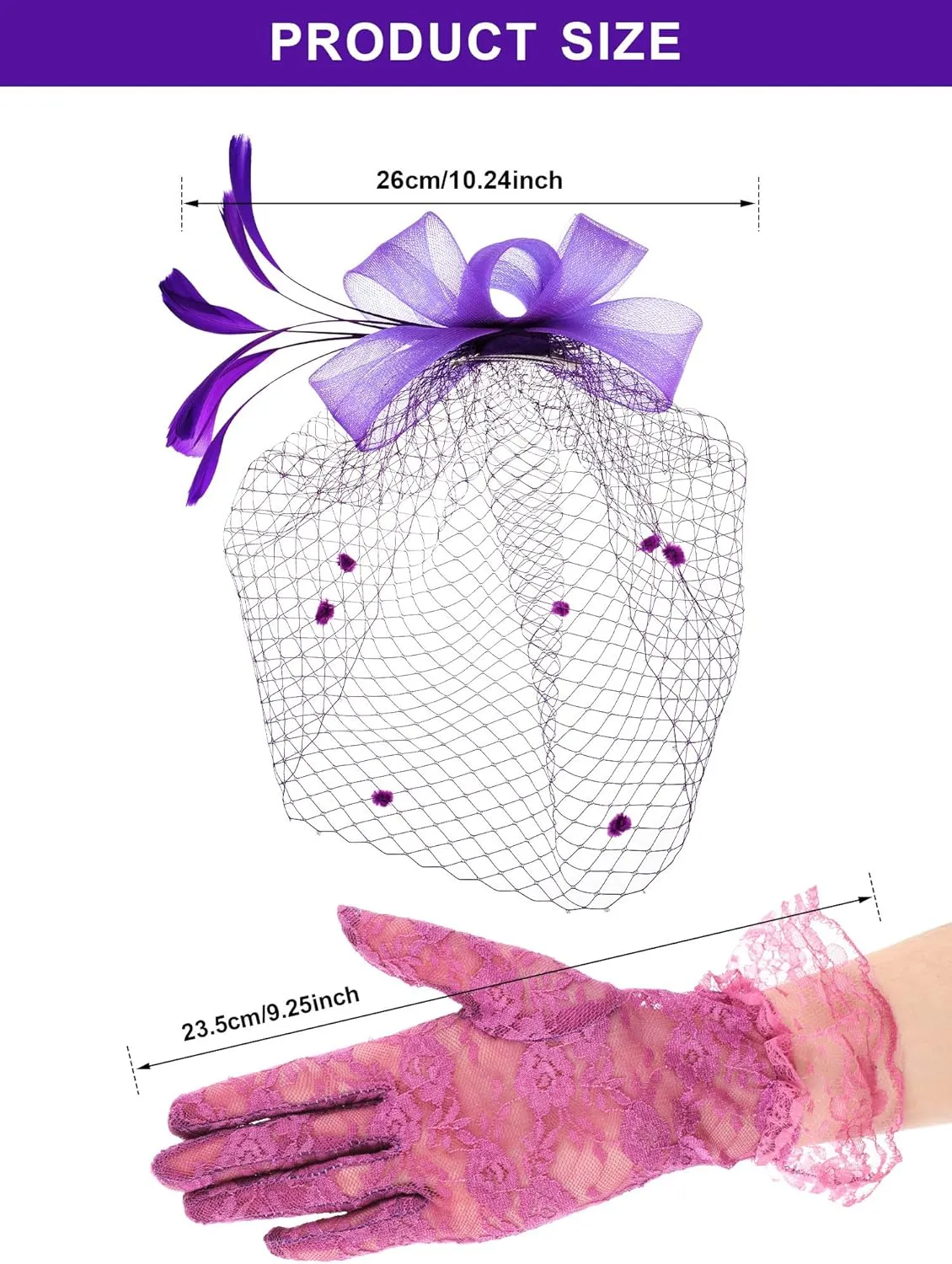 Boao Fascinator Hat for Women Feather Funeral Veil Hat Tea Party Derby Headband and Short Floral Lace Gloves
