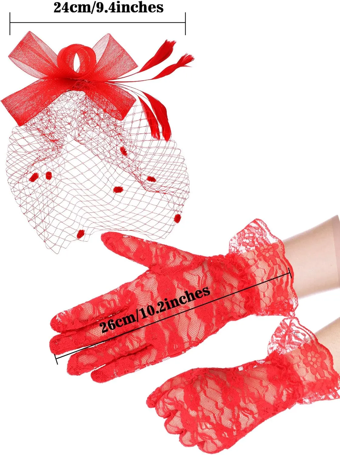 Boao Fascinator Hat for Women Feather Funeral Veil Hat Tea Party Derby Headband and Short Floral Lace Gloves