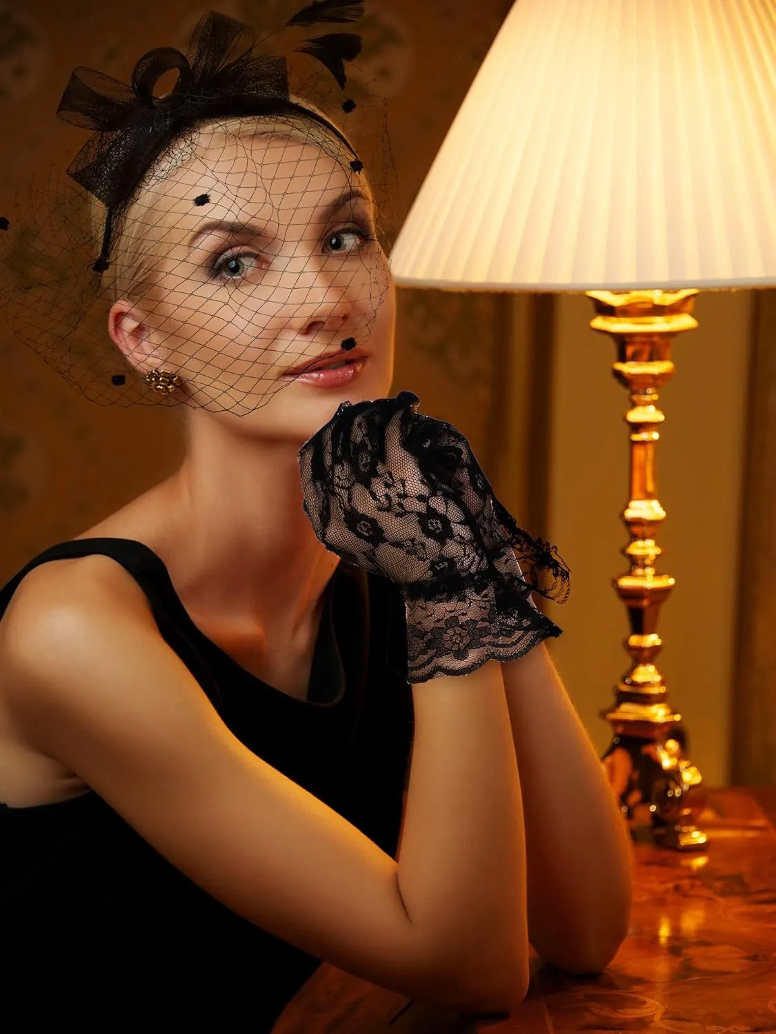 Boao Fascinator Hat for Women Feather Funeral Veil Hat Tea Party Derby Headband and Short Floral Lace Gloves
