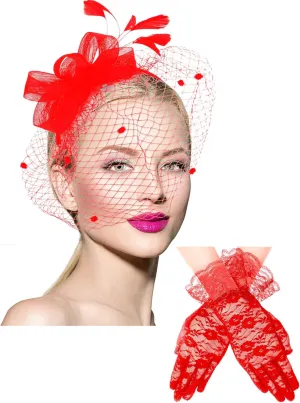 Boao Fascinator Hat for Women Feather Funeral Veil Hat Tea Party Derby Headband and Short Floral Lace Gloves