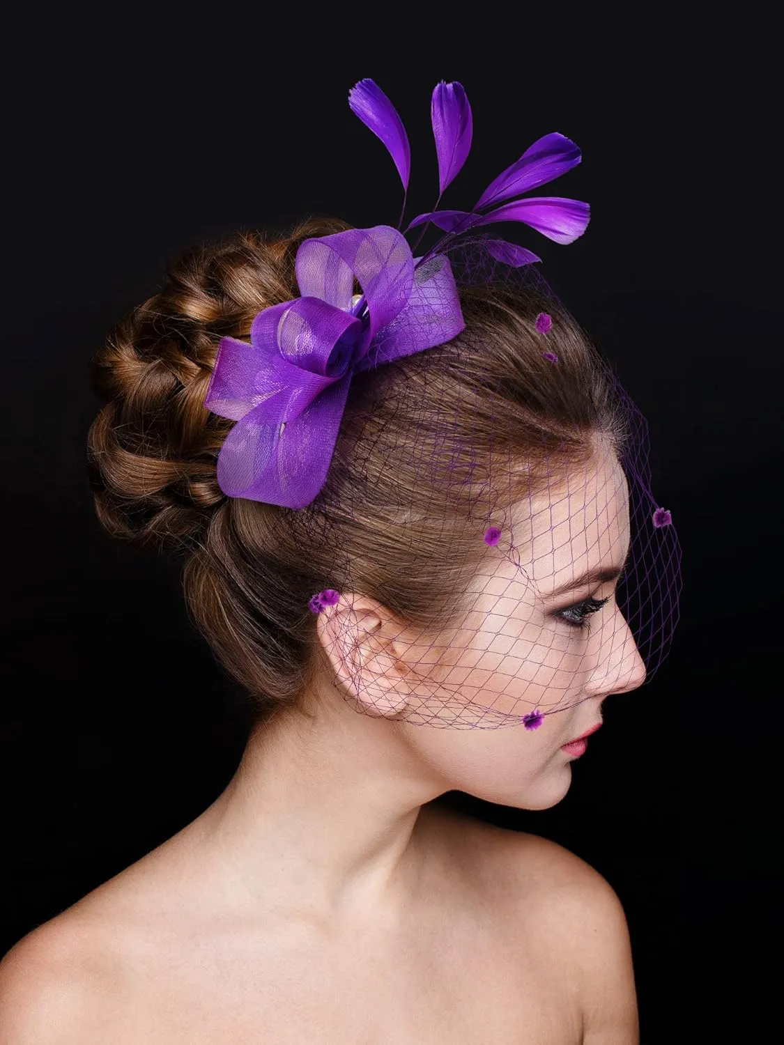 Boao Fascinator Hat for Women Feather Funeral Veil Hat Tea Party Derby Headband and Short Floral Lace Gloves