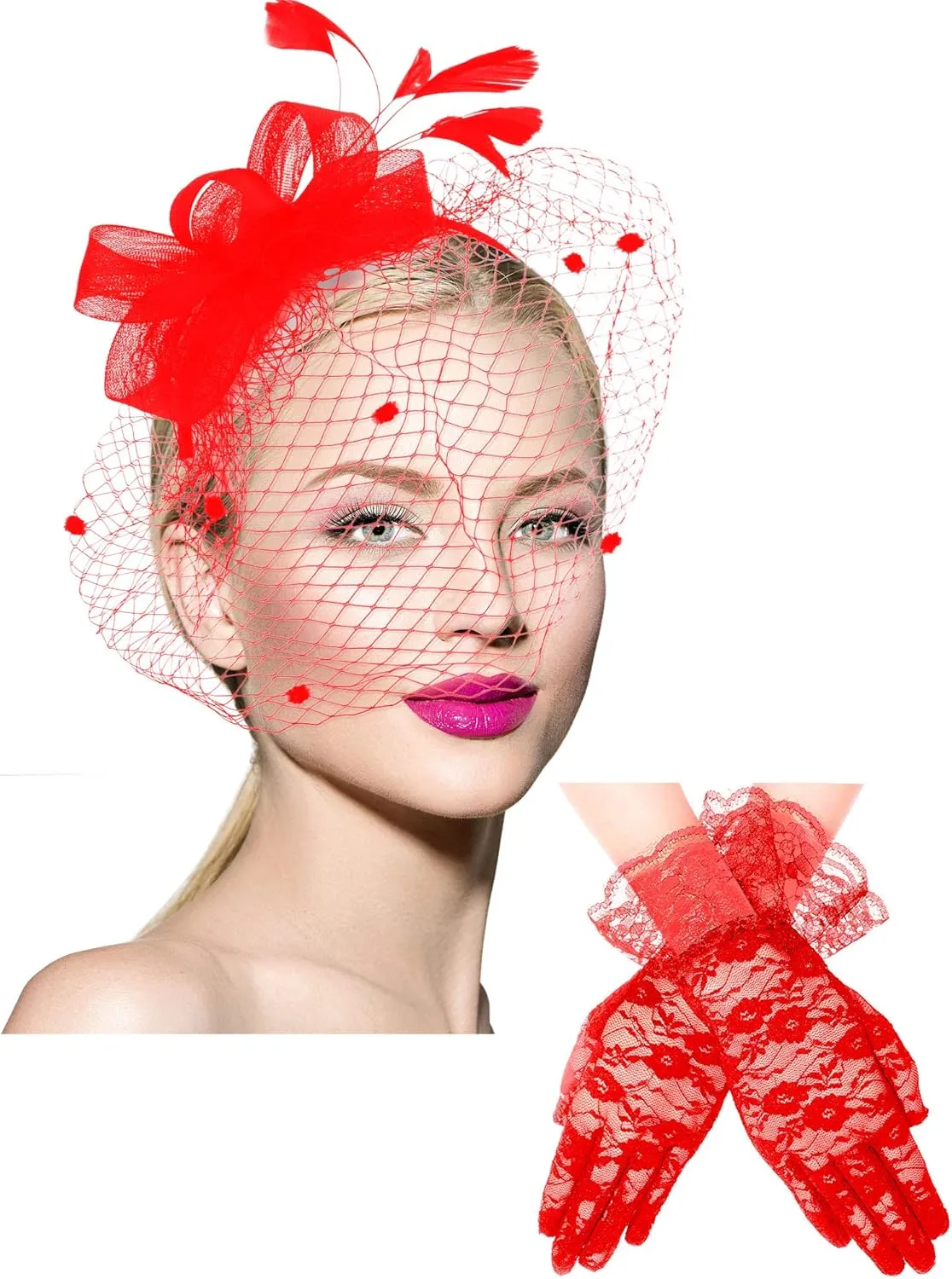 Boao Fascinator Hat for Women Feather Funeral Veil Hat Tea Party Derby Headband and Short Floral Lace Gloves
