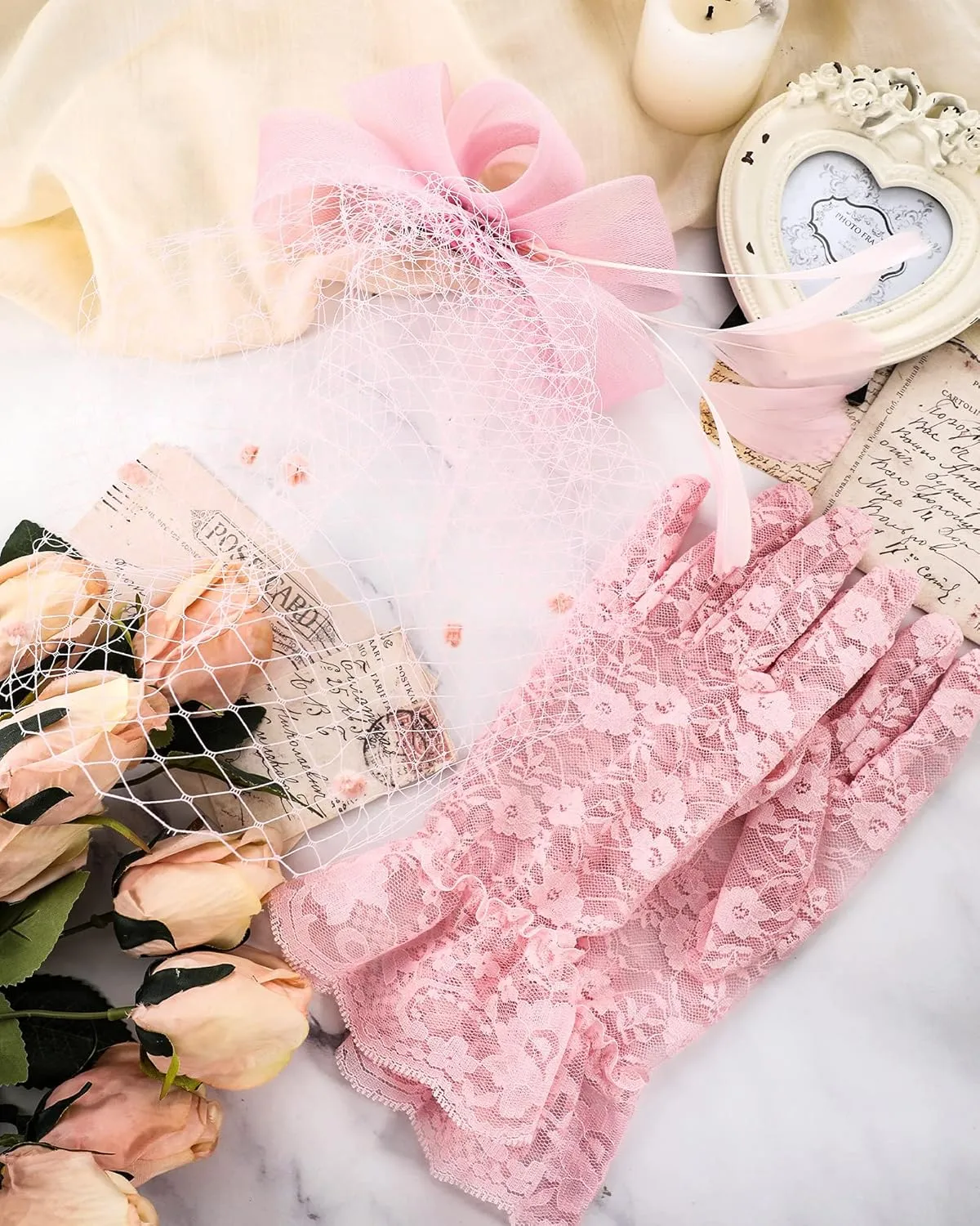 Boao Fascinator Hat for Women Feather Funeral Veil Hat Tea Party Derby Headband and Short Floral Lace Gloves