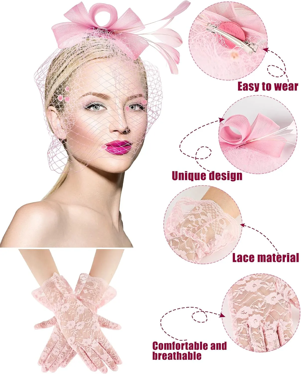 Boao Fascinator Hat for Women Feather Funeral Veil Hat Tea Party Derby Headband and Short Floral Lace Gloves