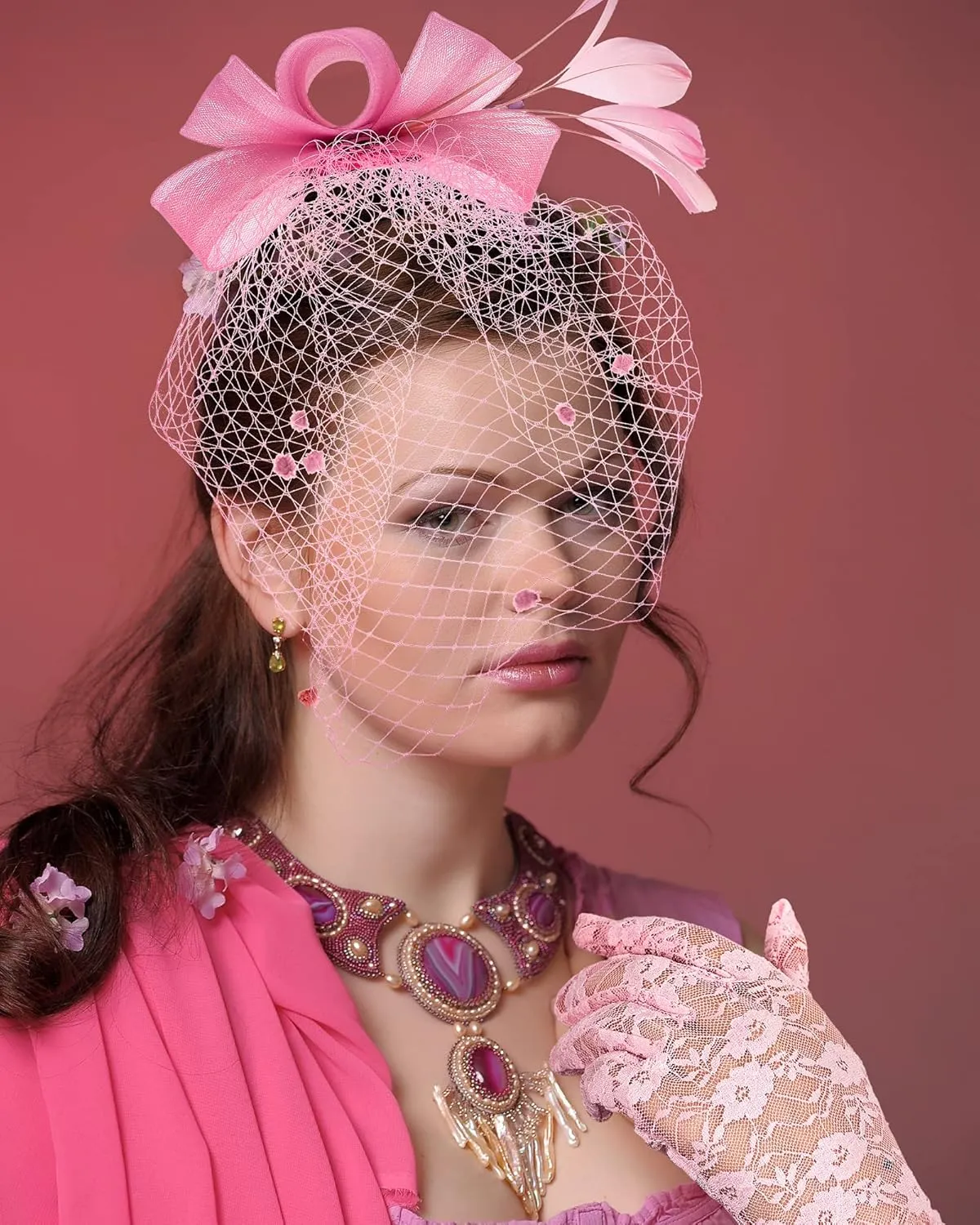 Boao Fascinator Hat for Women Feather Funeral Veil Hat Tea Party Derby Headband and Short Floral Lace Gloves