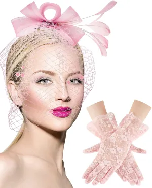 Boao Fascinator Hat for Women Feather Funeral Veil Hat Tea Party Derby Headband and Short Floral Lace Gloves