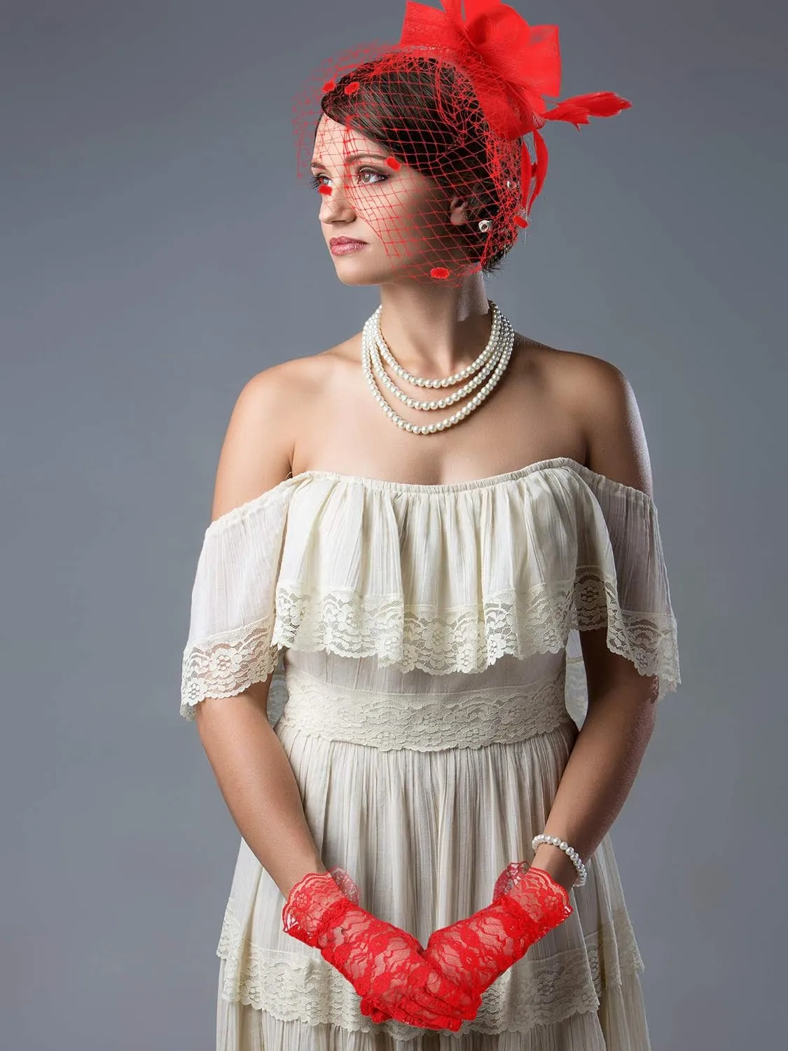 Boao Fascinator Hat for Women Feather Funeral Veil Hat Tea Party Derby Headband and Short Floral Lace Gloves
