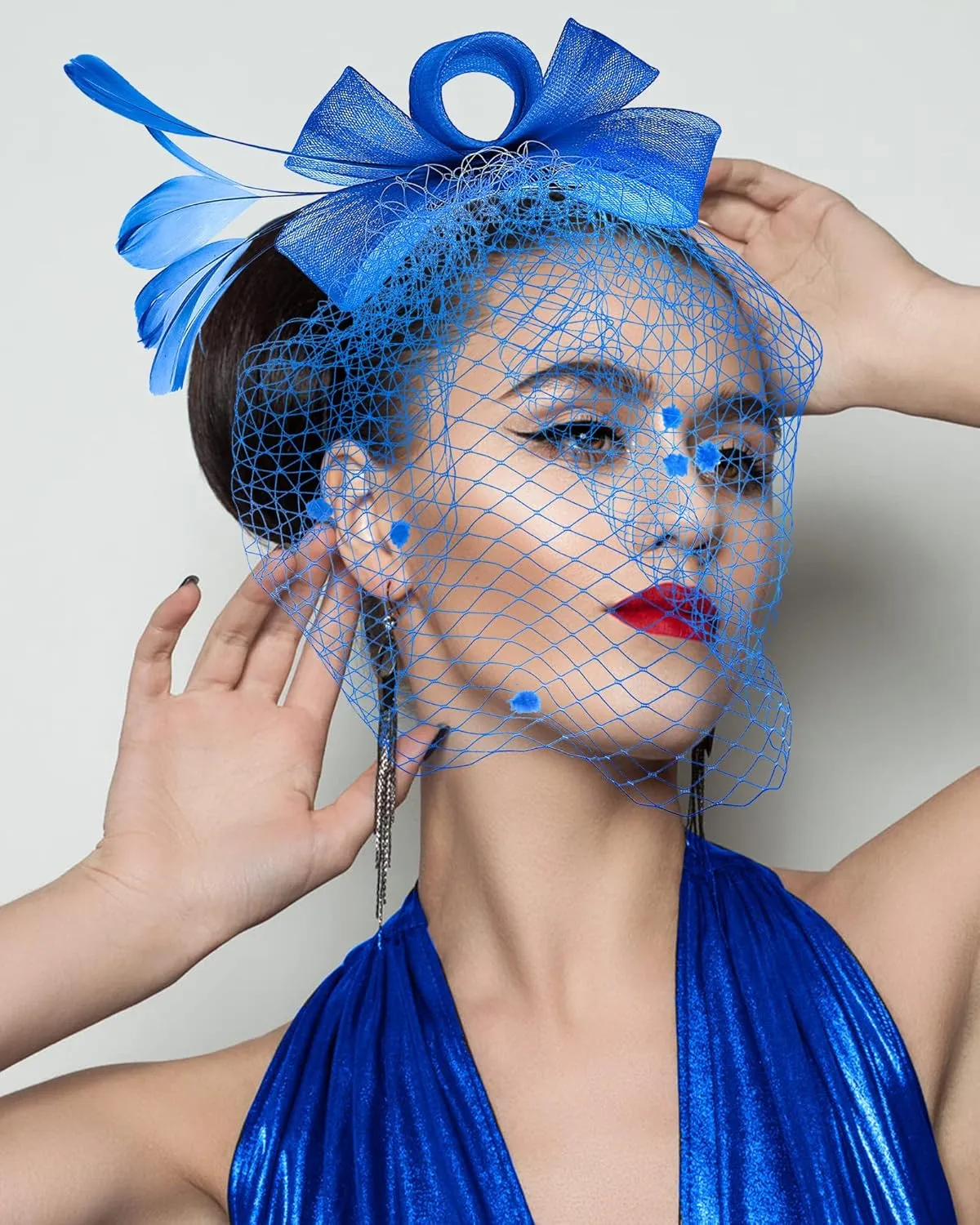 Boao Fascinator Hat for Women Feather Funeral Veil Hat Tea Party Derby Headband and Short Floral Lace Gloves