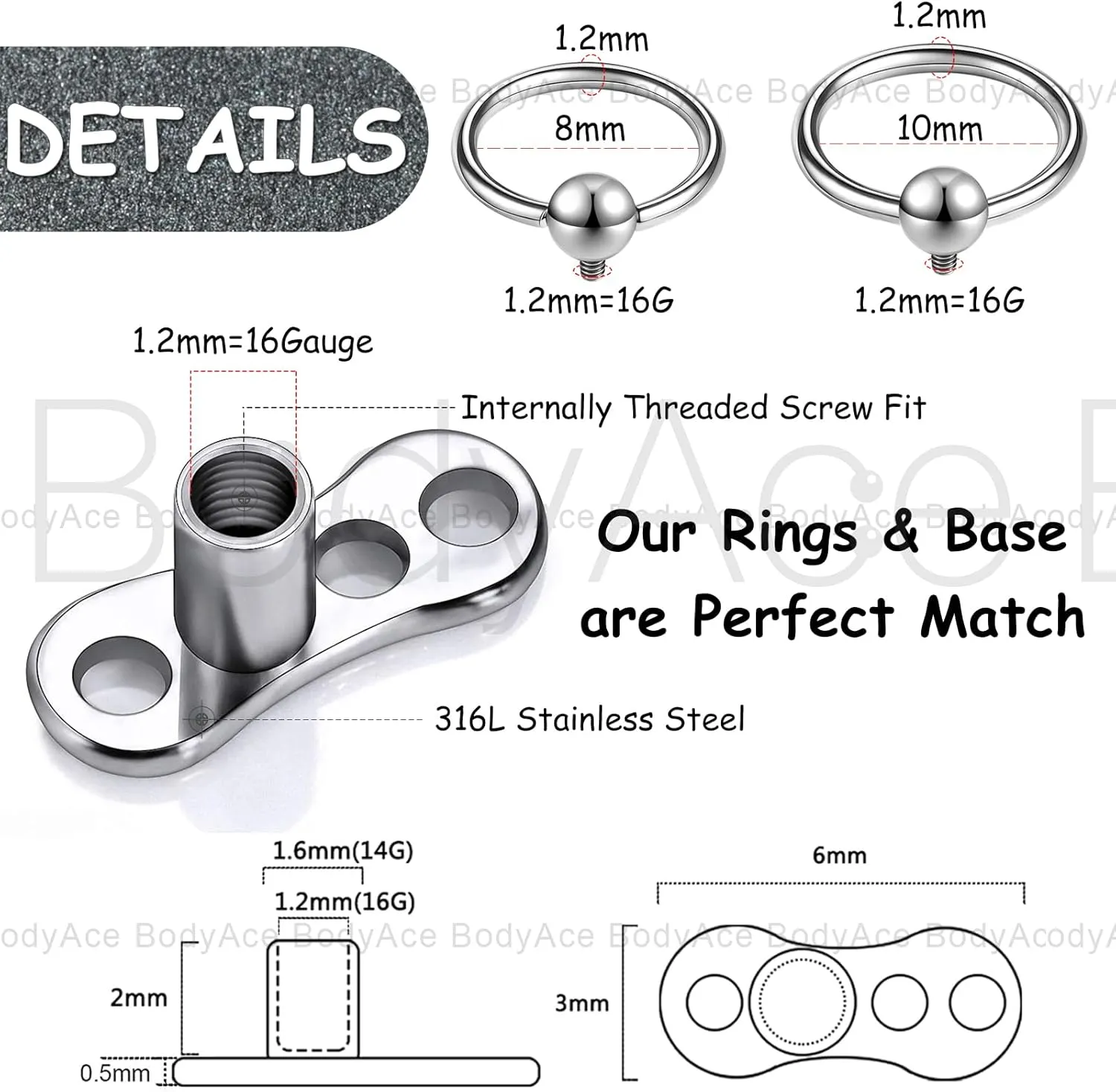 BodyAce 8PCS Dermal Piercing Skin Jewelry, 16G Captive Bead Rings Face Microdermal Tops, Surface Of Back Corset Piercing Staple Bar Play Jewelry