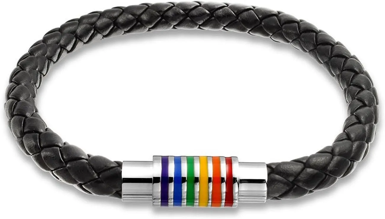 BodyJewelryOnline Black Braided Leather Bracelet Stainless Steel, Stronghold Rainbow Striped Closure, 8" (203 mm) Length, Genuine Leather, LGBTQ Pride, Hypoallergenic
