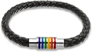 BodyJewelryOnline Black Braided Leather Bracelet Stainless Steel, Stronghold Rainbow Striped Closure, 8" (203 mm) Length, Genuine Leather, LGBTQ Pride, Hypoallergenic