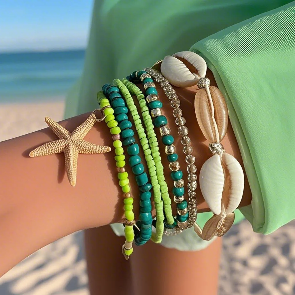 Bohemian Starfish Bracelets for Women - Adjustable Stackable Beach Bracelets, Handmade Stretchy Beaded Summer Jewelry, Perfect for Surf & Waterproof Fun