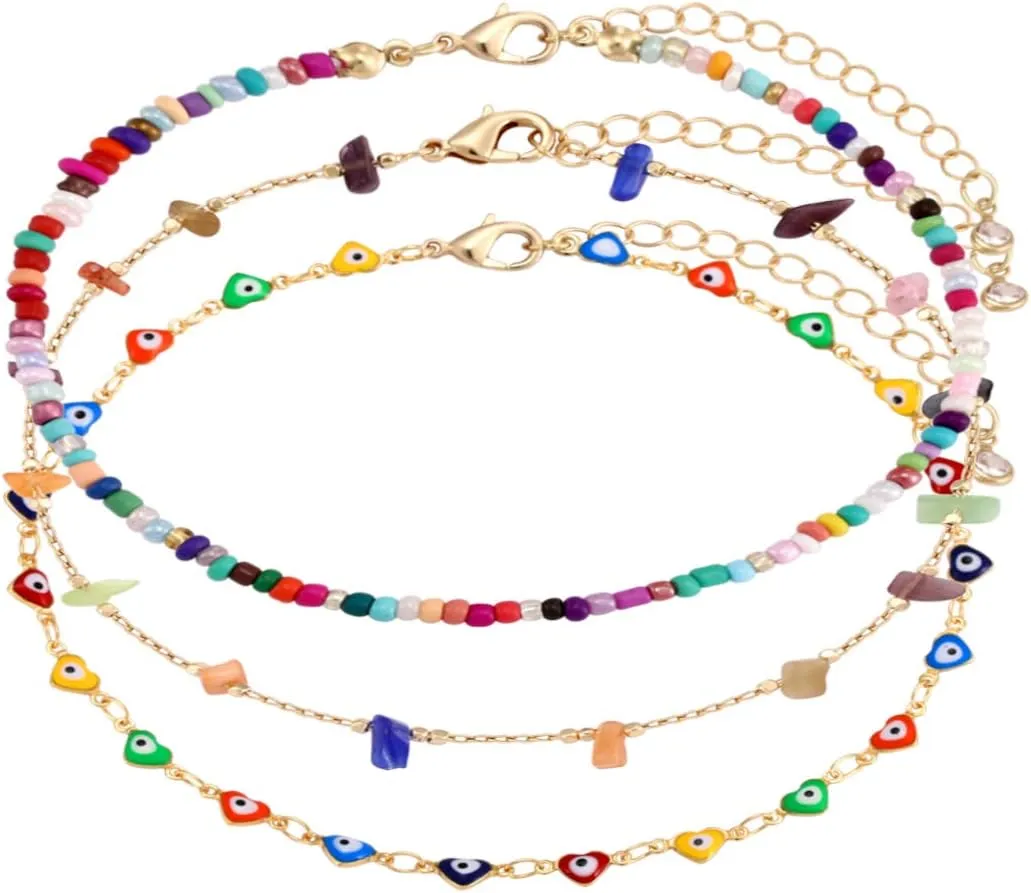 Boho Beaded Ankle Bracelet Beach 18 K Gold Plated Anklet Bracelets Handmade Colorful Seed Beads Butterfly Evil Eye Heart Link Chain Anklet Pack Cute Summer Foot Jewelry for Women