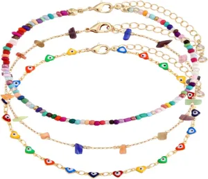 Boho Beaded Ankle Bracelet Beach 18 K Gold Plated Anklet Bracelets Handmade Colorful Seed Beads Butterfly Evil Eye Heart Link Chain Anklet Pack Cute Summer Foot Jewelry for Women